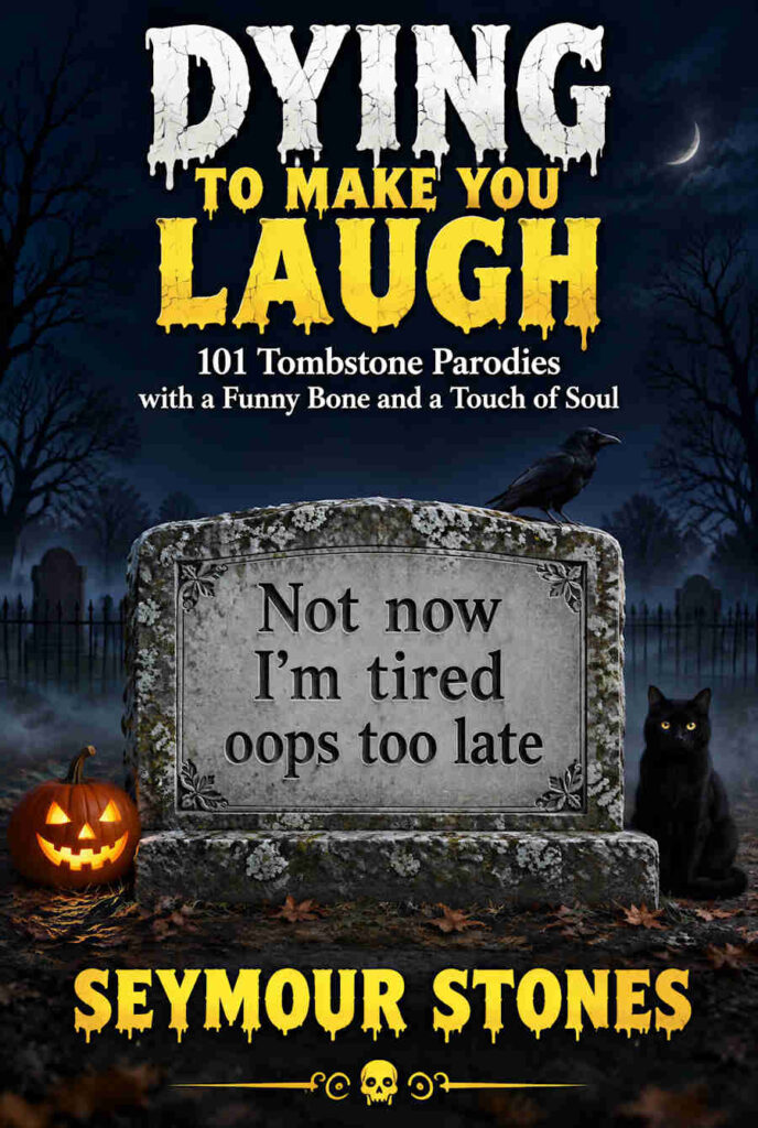 Cover of Dying to Make You Laugh by Seymour Stones: a mossy tombstone reading "Not now I'm tired oops too late" in a moonlit graveyard